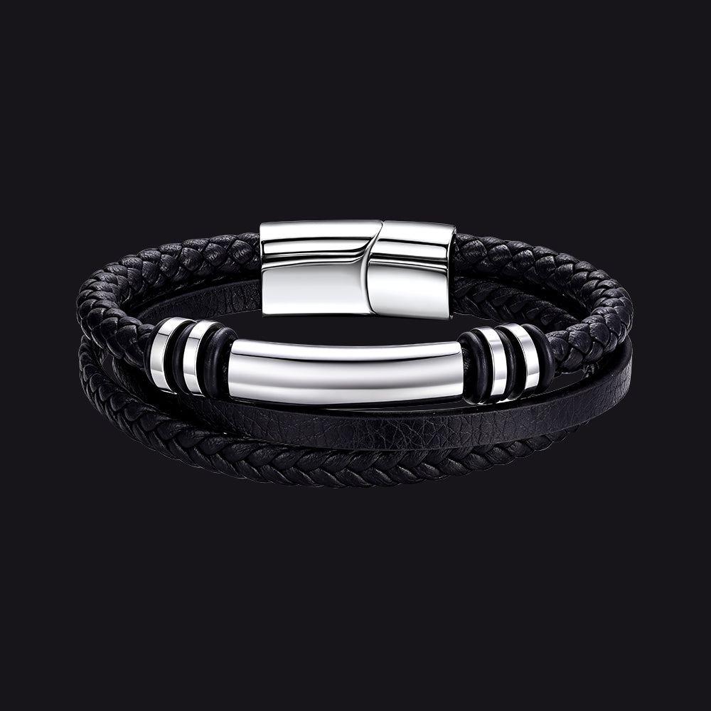 Custom engraved multi-layered leather bracelet braided wristband for men