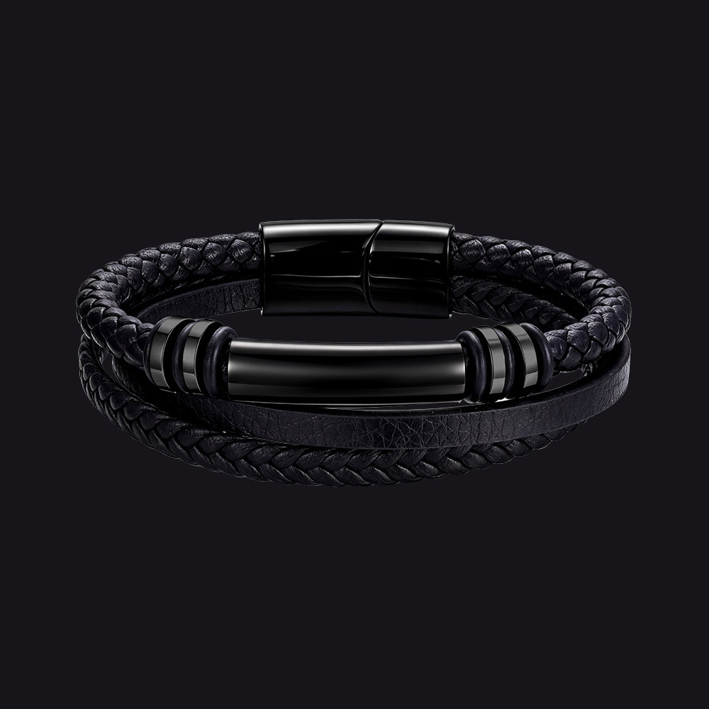 Custom engraved multi-layered leather bracelet braided wristband for men