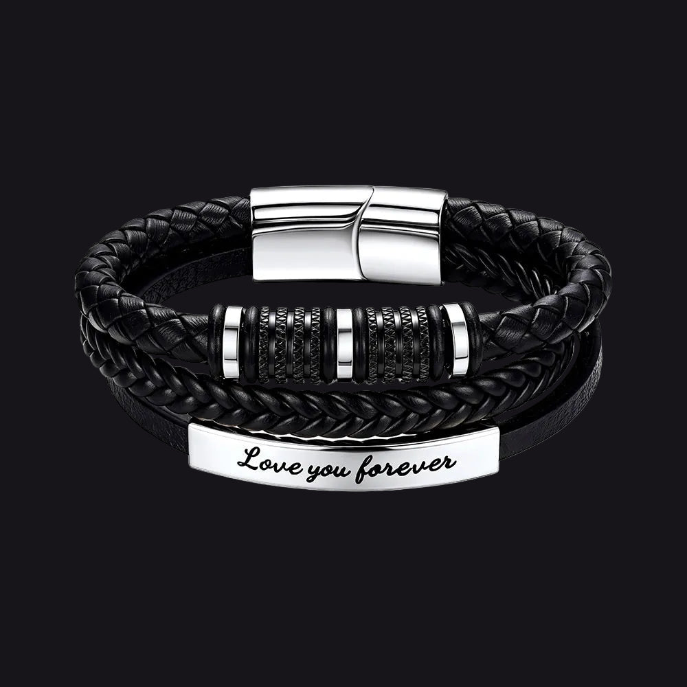 Black braided leather bracelet with a silver-toned metal clasp and a rectangular engraved plate that reads 'Love you forever'.