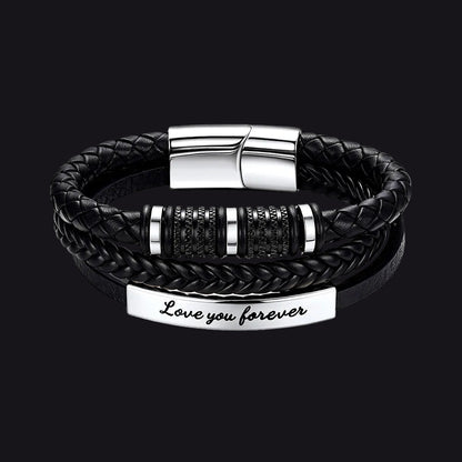Black braided leather bracelet with a silver-toned metal clasp and a rectangular engraved plate that reads 'Love you forever'.
