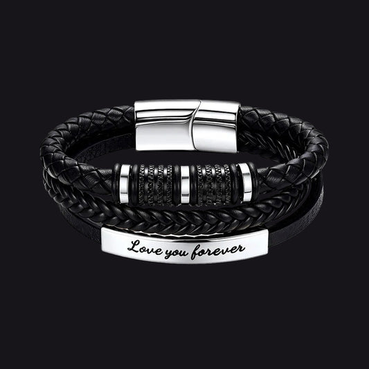 Black braided leather bracelet with a silver-toned metal clasp and a rectangular engraved plate that reads 'Love you forever'.img