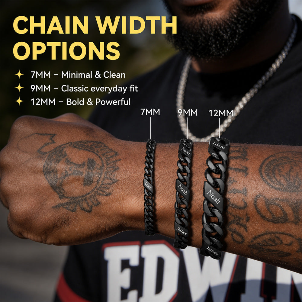 Man's arm with three chain bracelets of different widths labeled 7MM, 9MM, and 12MM, with text about chain width options.