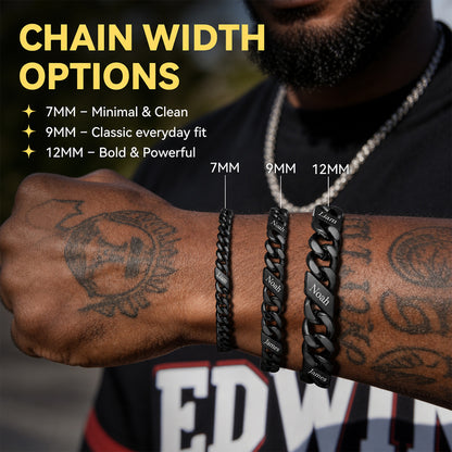 Man's arm with three chain bracelets of different widths labeled 7MM, 9MM, and 12MM, with text about chain width options.