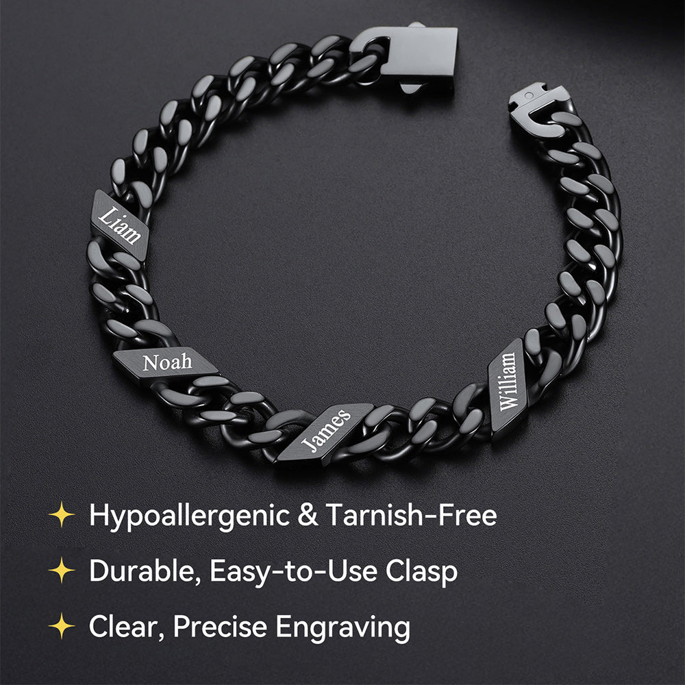 Black chain bracelet with engraved names on a dark background