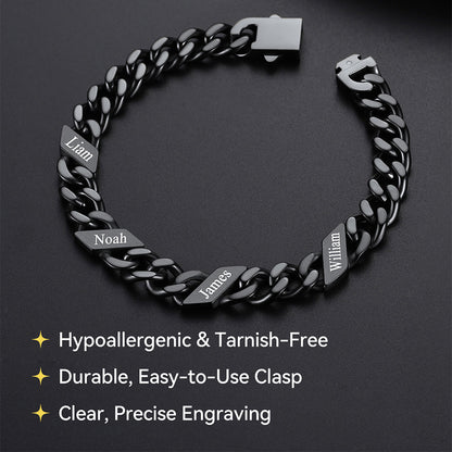 Black chain bracelet with engraved names on a dark background