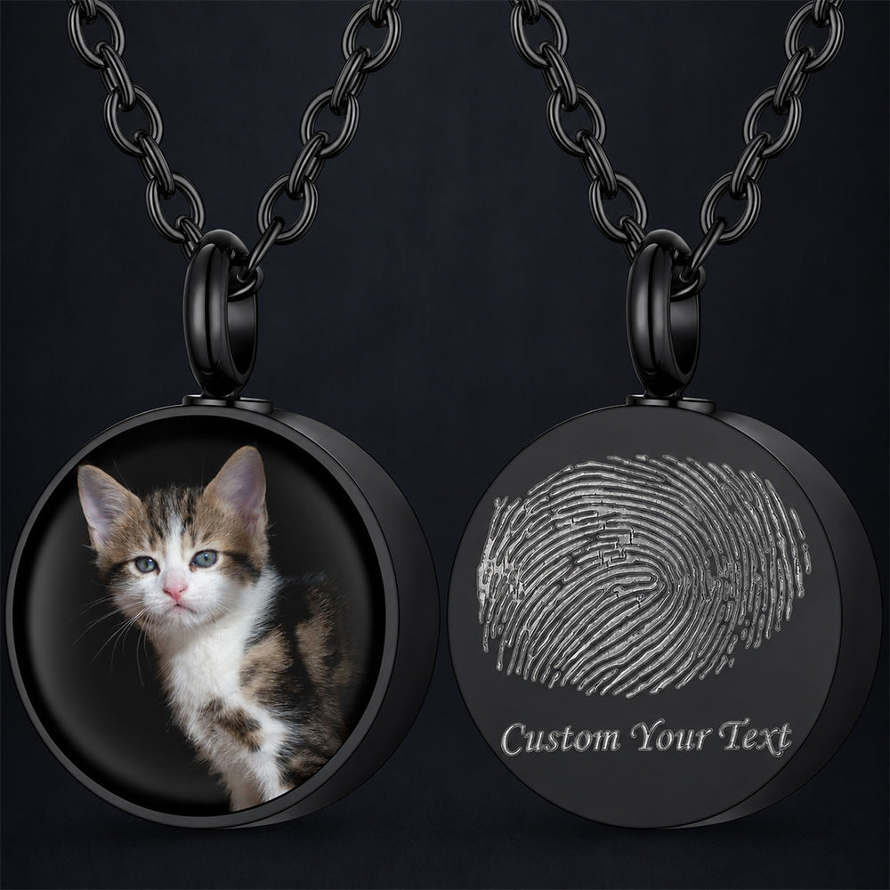 Black Custom Fingerprint & Photo Urn Necklace for Ashes - FaithHeart Jewelry