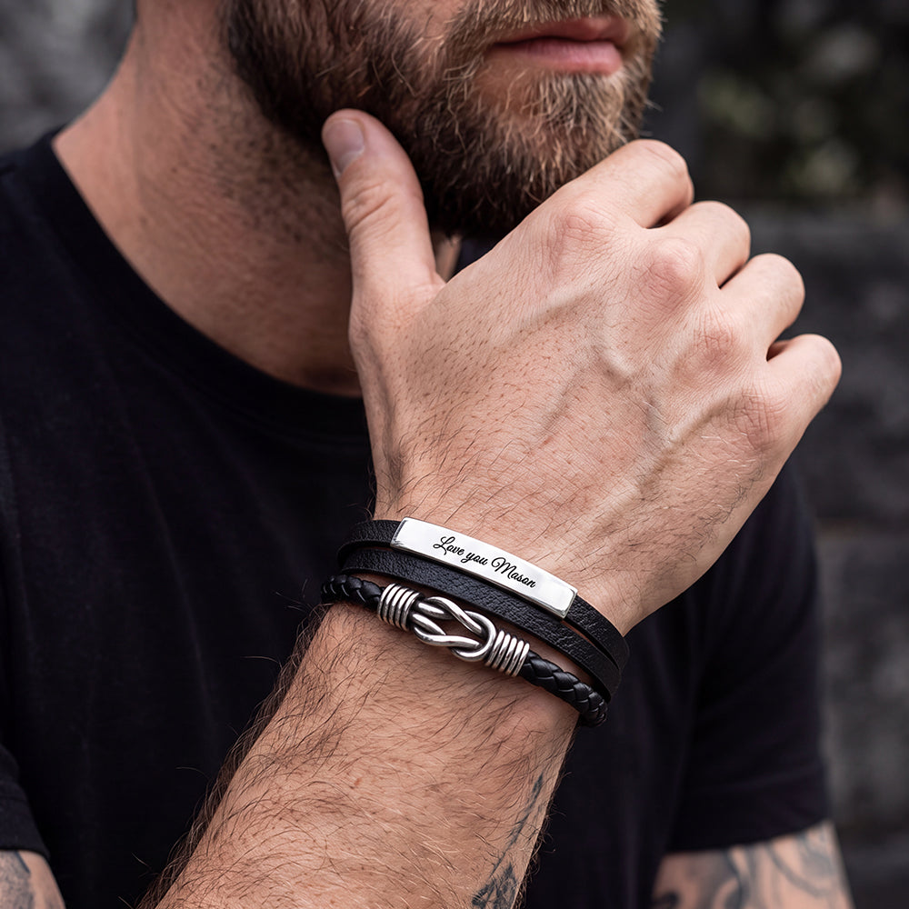 Custom Engraved Infinity Knot Multi-Layer Leather Bracelet Braided Wristband for Men Dad