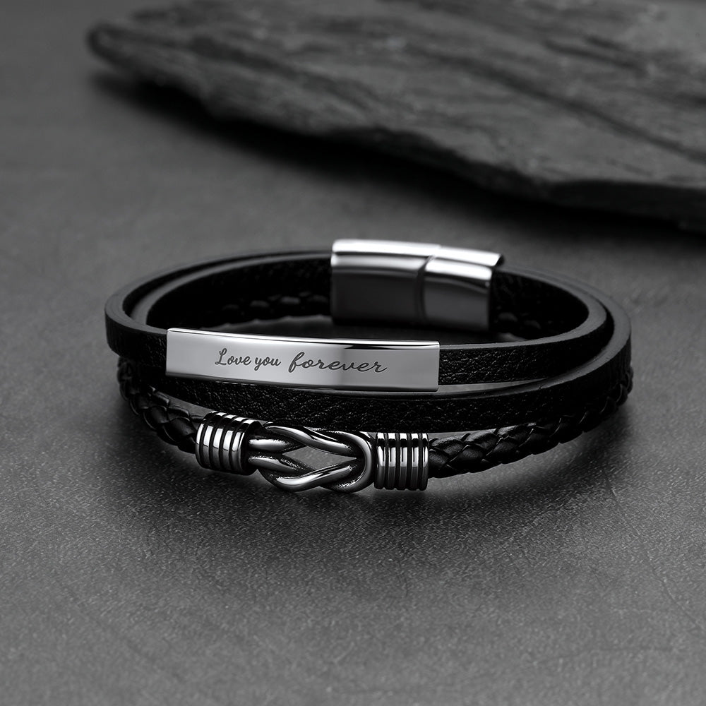 ront and side view of infinity knot leather bracelet with custom engraving