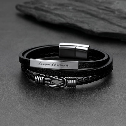 ront and side view of infinity knot leather bracelet with custom engraving
