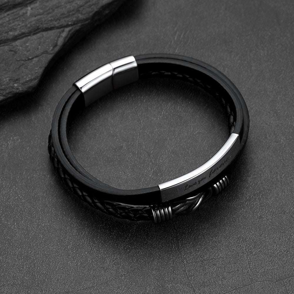 Custom infinity knot multi-layer braided leather bracelet flat lay