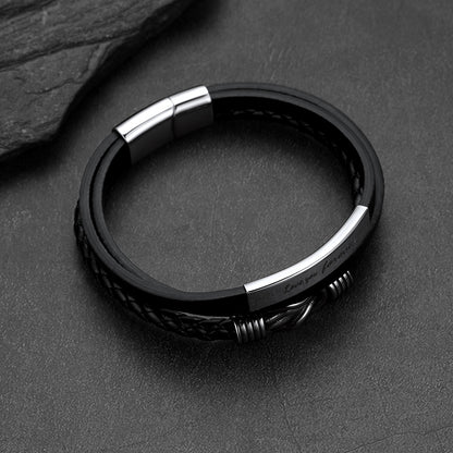 Custom infinity knot multi-layer braided leather bracelet flat lay