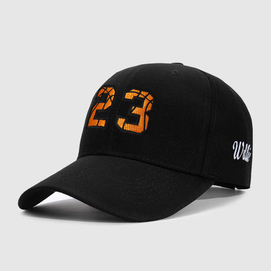 Black cap with orange number '23' and white text on a light gray backgroundimg