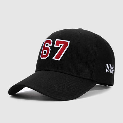 Black cap with red and white numbers '67' on a light gray background