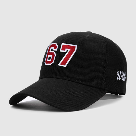 Black cap with red and white numbers '67' on a light gray backgroundimg