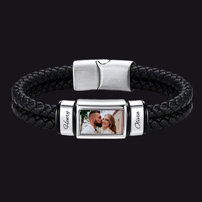 Custom 2 names photo braided leather bracelet for men