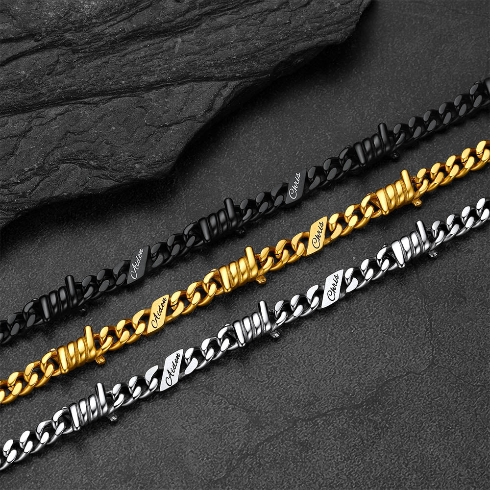 Custom name barbed gothic wire Cuban link chain necklace in silver, black and 14k gold color options