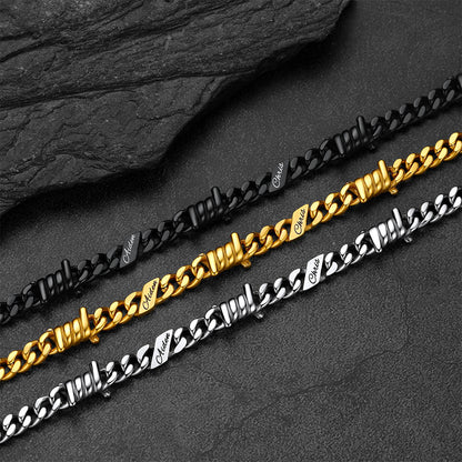Custom name barbed gothic wire Cuban link chain necklace in silver, black and 14k gold color options