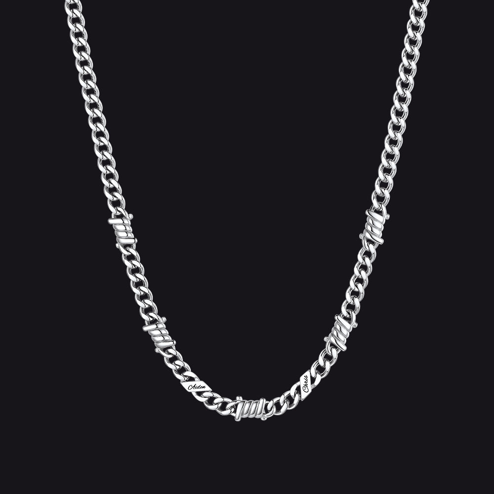 Gothic Custom Name Barbed Wire Cuban Link Chain Necklace for Men, 5/7/12mm Width, Two Names