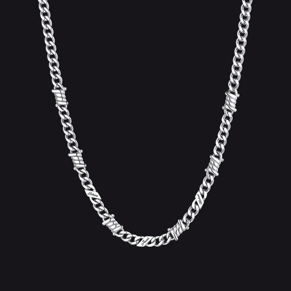 Custom name barbed gothic wire Cuban link chain necklace for men, silver 5mm with 3 engraved names