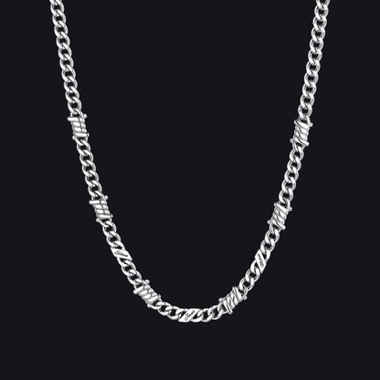 Custom name barbed gothic wire Cuban link chain necklace for men, silver 5mm with 3 engraved names