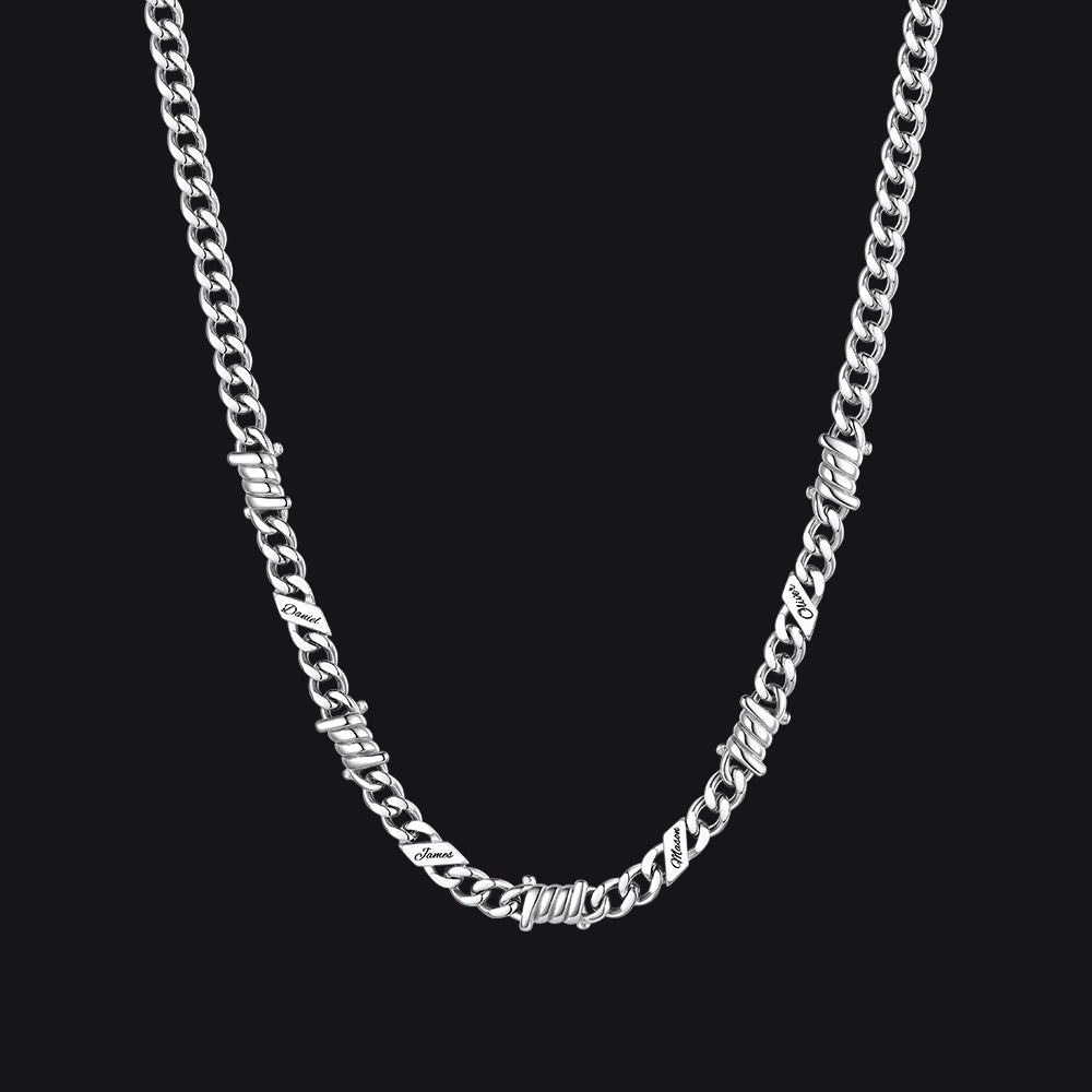 Custom name barbed gothic wire Cuban link chain necklace for men, silver 5mm with 4 engraved names