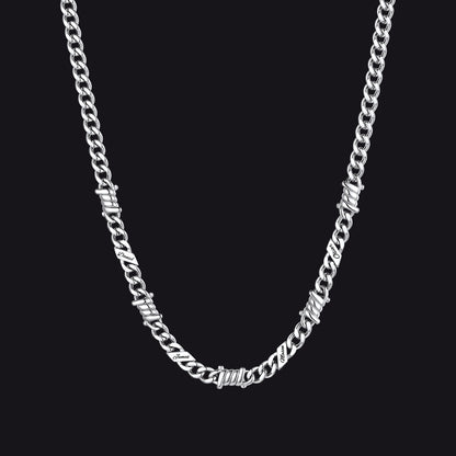 Custom name barbed gothic wire Cuban link chain necklace for men, silver 5mm with 4 engraved names