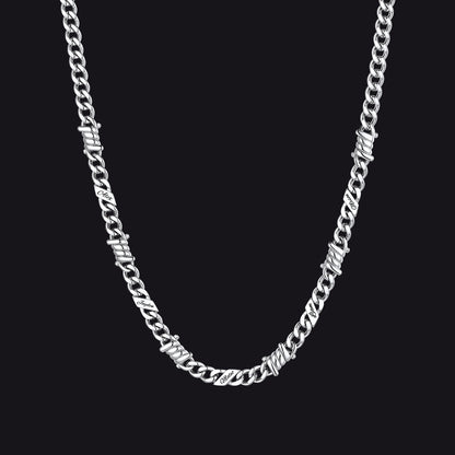 Custom name barbed gothic wire Cuban link chain necklace for men, silver 5mm with 5 engraved names