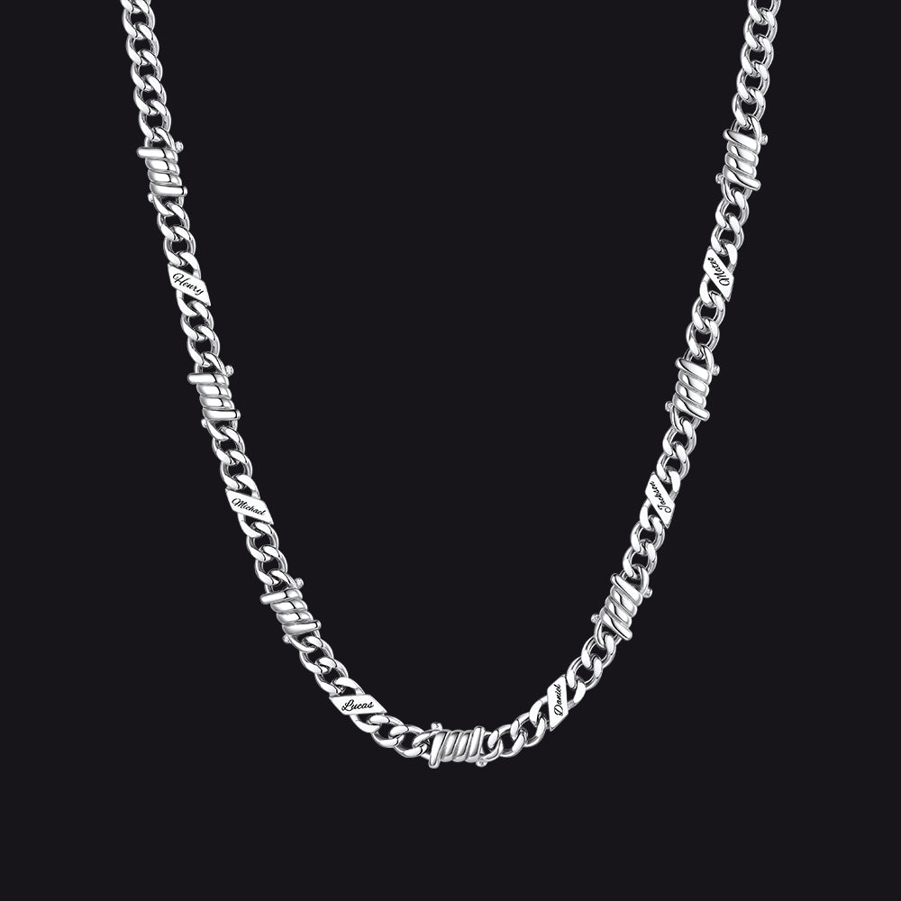 Custom name barbed gothic wire Cuban link chain necklace for men, silver 5mm with 6 engraved names