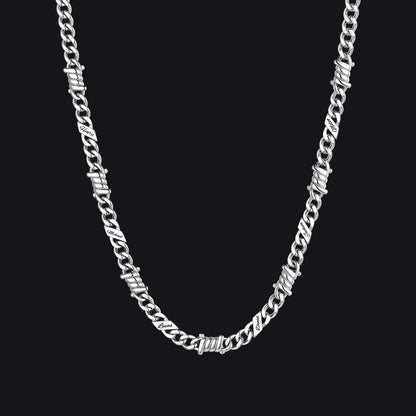 Custom name barbed gothic wire Cuban link chain necklace for men, silver 5mm with 6 engraved names