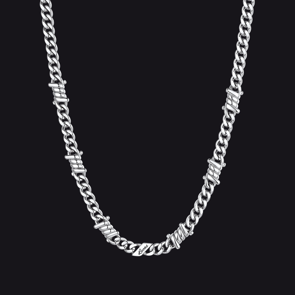 Custom name barbed gothic wire Cuban link chain necklace for men, silver 7mm with 1 engraved name