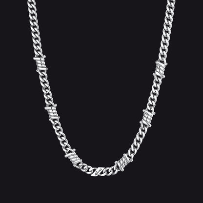 Custom name barbed gothic wire Cuban link chain necklace for men, silver 7mm with 1 engraved name