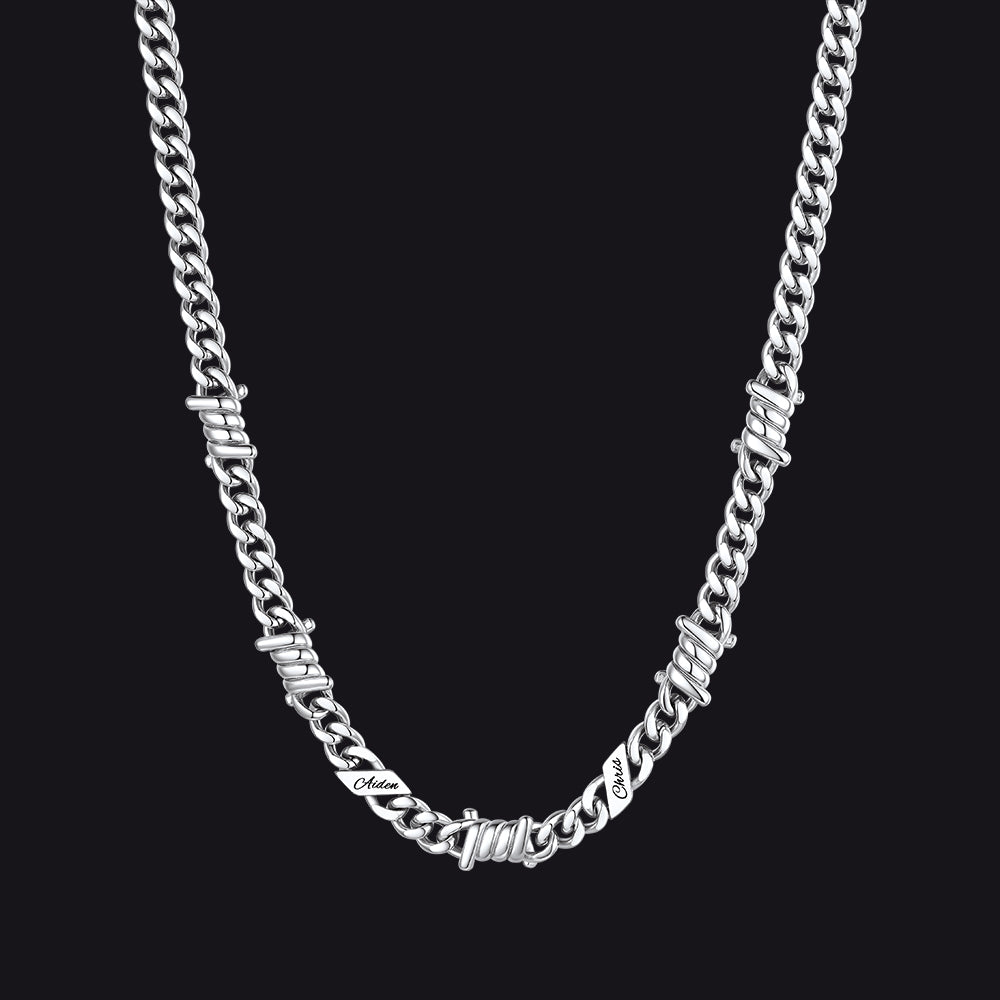 Custom name barbed gothic wire Cuban link chain necklace for men, silver 7mm with 2 engraved names