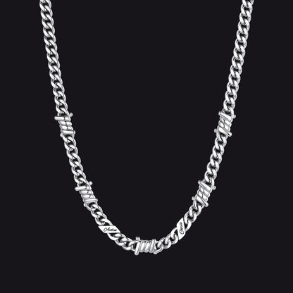 Custom name barbed gothic wire Cuban link chain necklace for men, silver 7mm with 2 engraved names