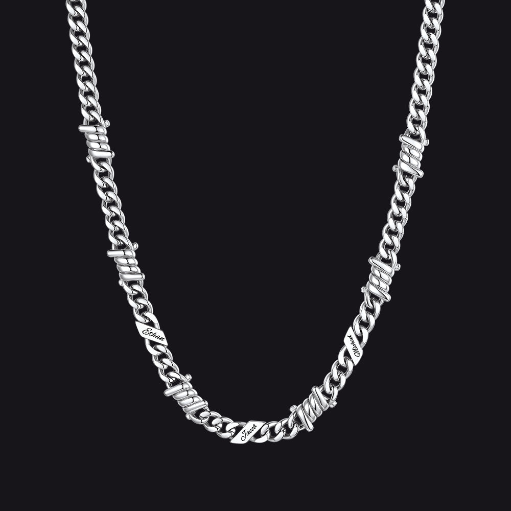 Custom name barbed gothic wire Cuban link chain necklace for men, silver 7mm with 3 engraved names