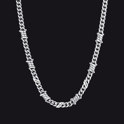 Custom name barbed gothic wire Cuban link chain necklace for men, silver 7mm with 3 engraved names