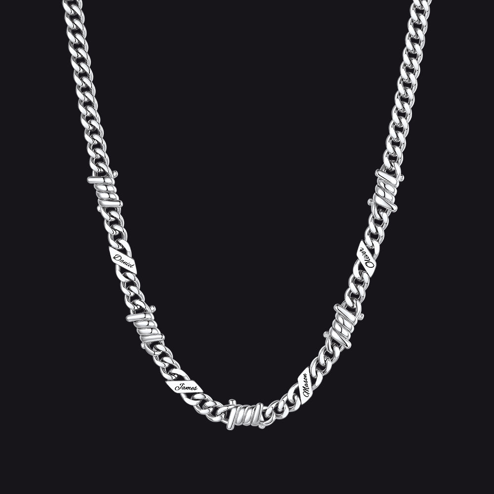 Custom name barbed gothic wire Cuban link chain necklace for men, silver 7mm with 4 engraved names