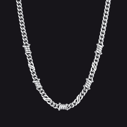 Custom name barbed gothic wire Cuban link chain necklace for men, silver 7mm with 4 engraved names