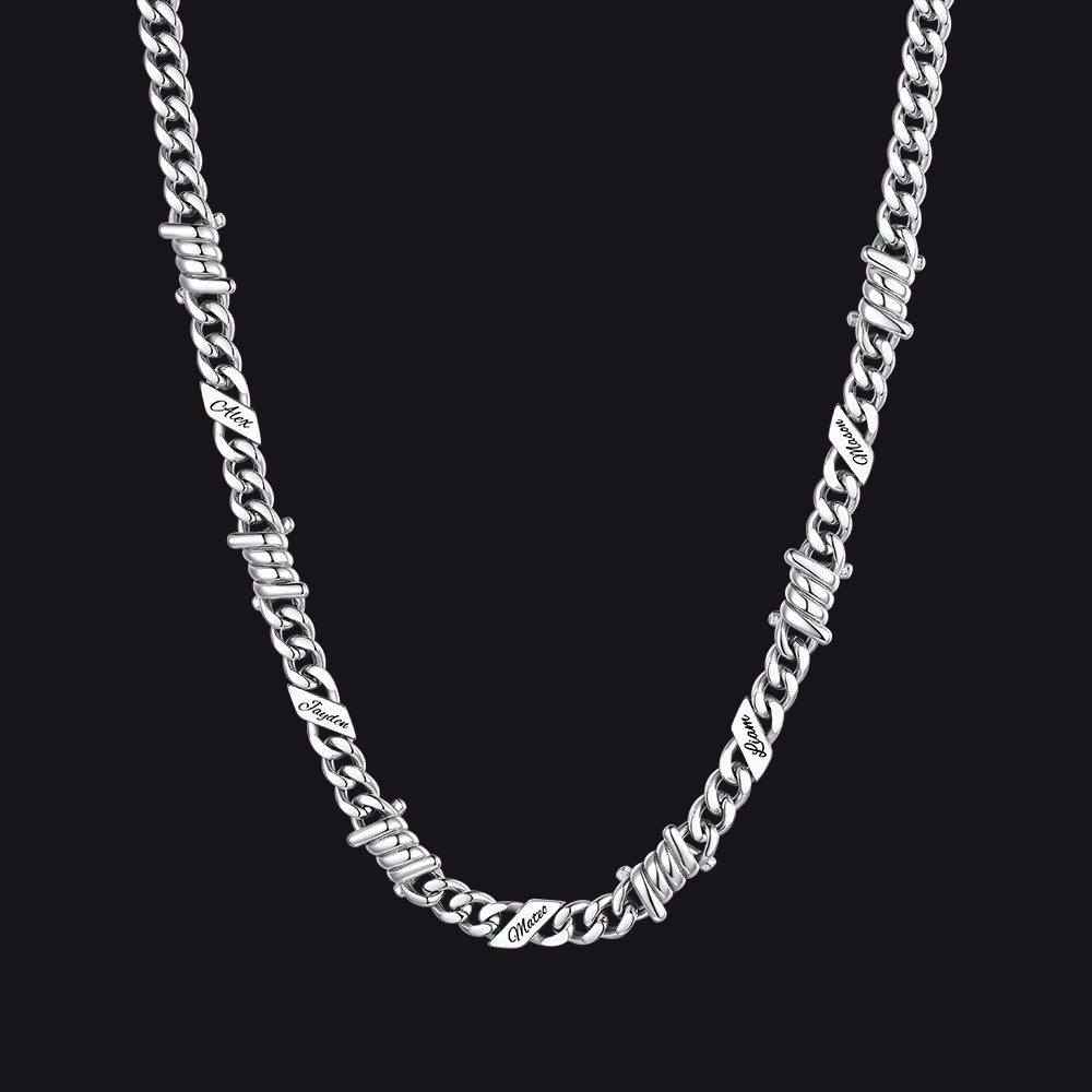 Custom name barbed gothic wire Cuban link chain necklace for men, silver 7mm with 5 engraved names