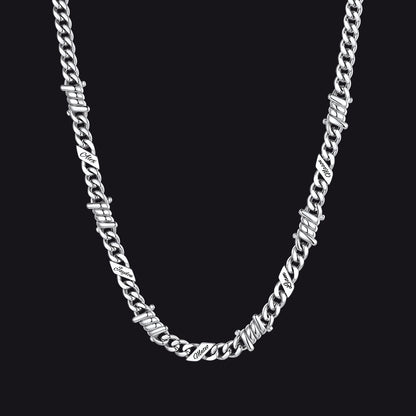 Custom name barbed gothic wire Cuban link chain necklace for men, silver 7mm with 5 engraved names