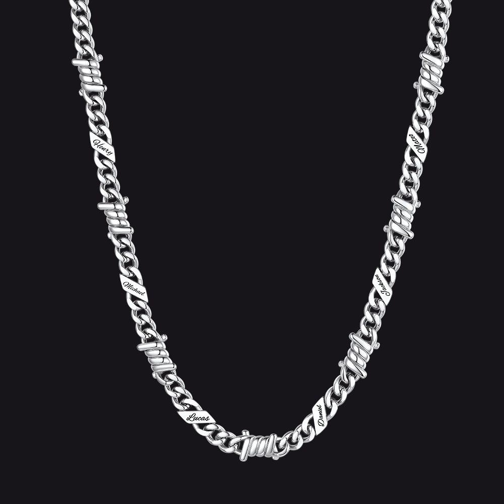 Custom name barbed gothic wire Cuban link chain necklace for men, silver 7mm with 6 engraved names
