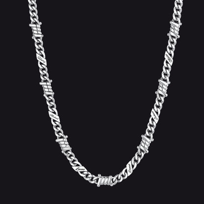 Custom name barbed gothic wire Cuban link chain necklace for men, silver 7mm with 6 engraved names