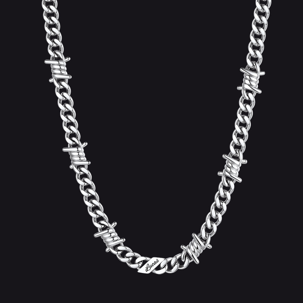 Custom name barbed gothic wire Cuban link chain necklace for men, silver 9mm with 1 engraved name