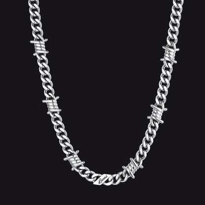 Custom name barbed gothic wire Cuban link chain necklace for men, silver 9mm with 1 engraved name