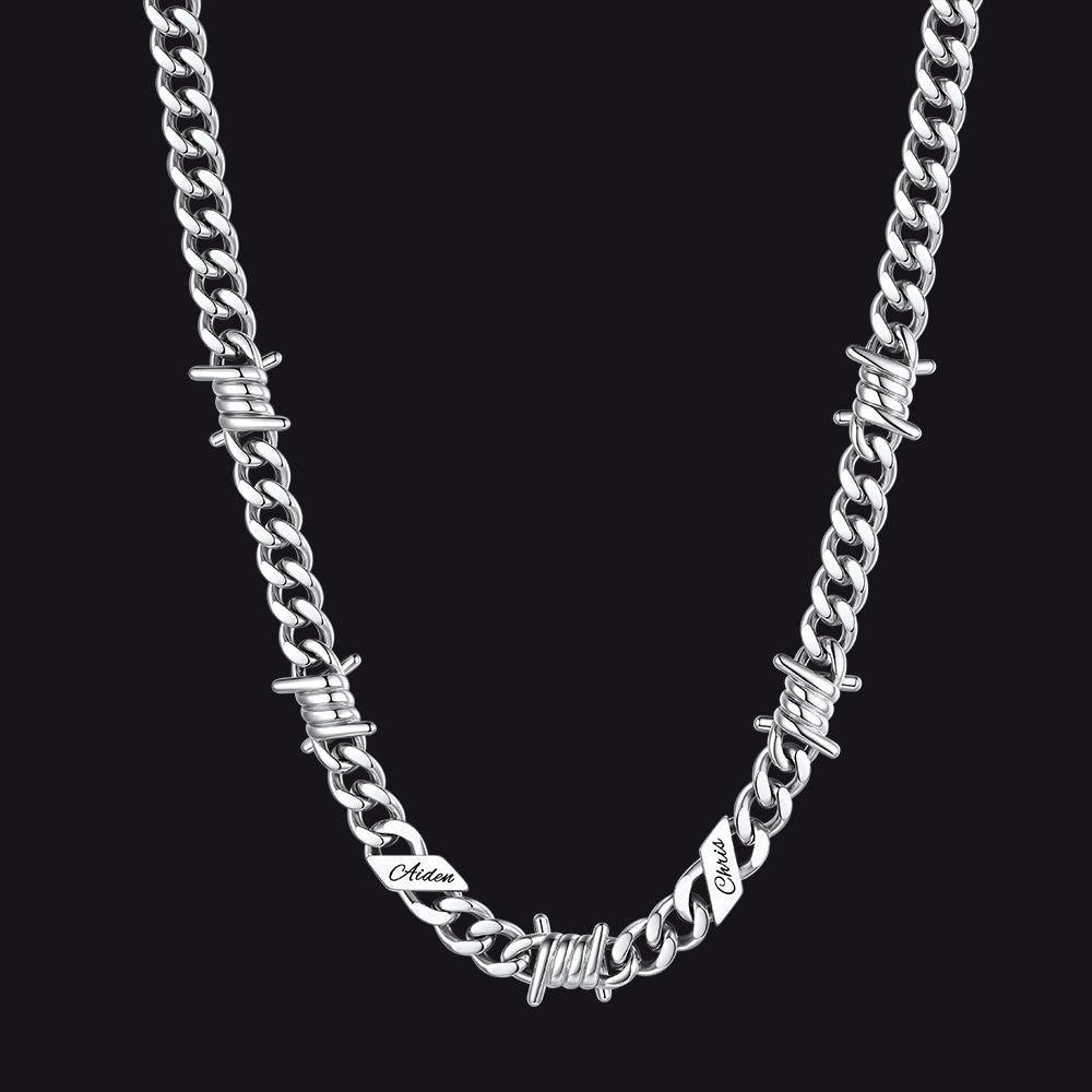 Custom name barbed gothic wire Cuban link chain necklace for men, silver 9mm with 2 engraved names