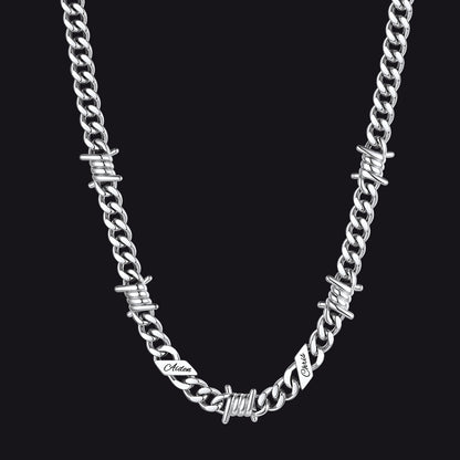 Custom name barbed gothic wire Cuban link chain necklace for men, silver 9mm with 2 engraved names
