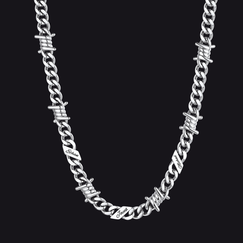Custom name barbed gothic wire Cuban link chain necklace for men, silver 9mm with 3 engraved names