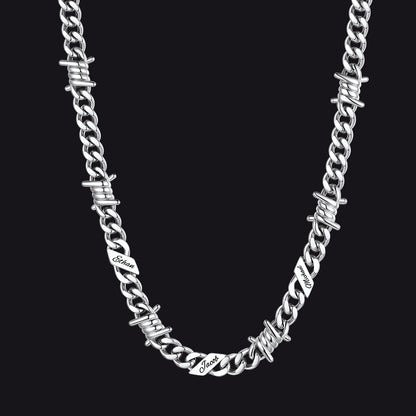 Custom name barbed gothic wire Cuban link chain necklace for men, silver 9mm with 3 engraved names