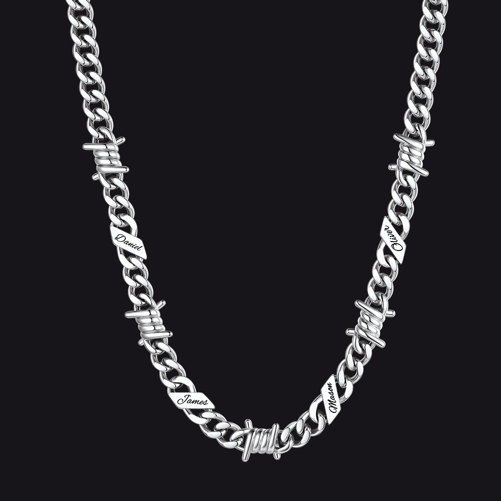 Custom name barbed gothic wire Cuban link chain necklace for men, silver 9mm with 4 engraved names