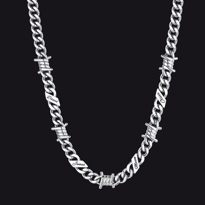 Custom name barbed gothic wire Cuban link chain necklace for men, silver 9mm with 4 engraved names