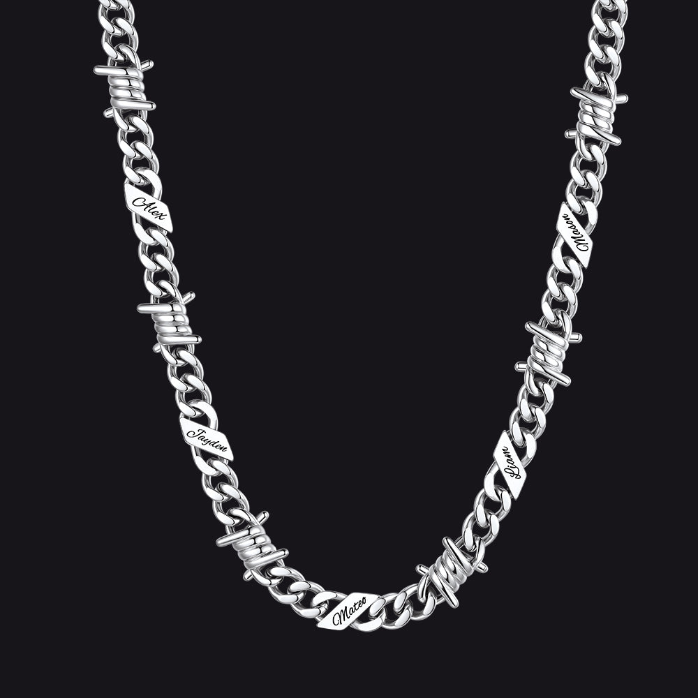 Custom name barbed gothic wire Cuban link chain necklace for men, silver 9mm with 5 engraved names